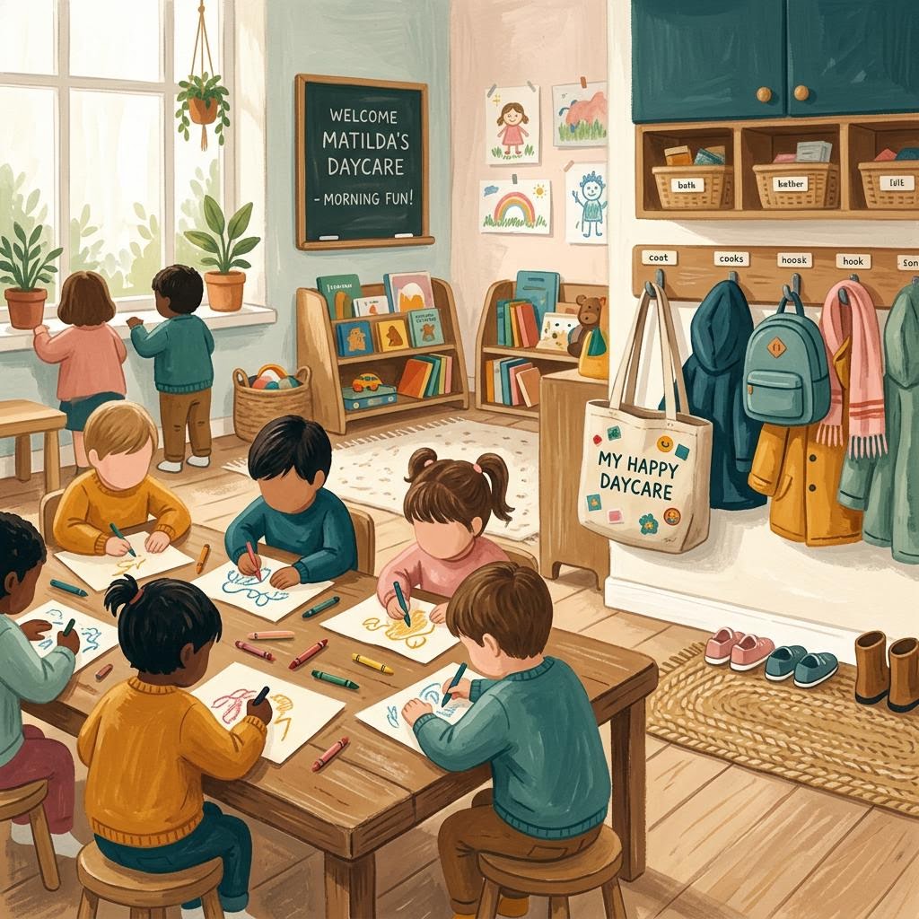 A quiet childcare room in the morning with crayons on the table and coats on hooks